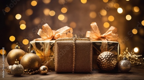 Christmas and new year background. Gift boxes and christmas tree with bokeh background. AI generated