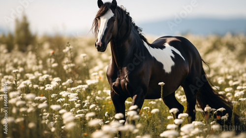 Beautiful black horse standing in a field of white flowers © khan
