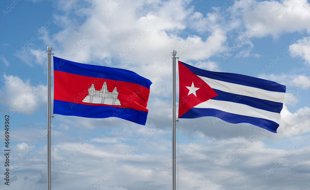 Cuba and Cambodia flags, country relationship concept