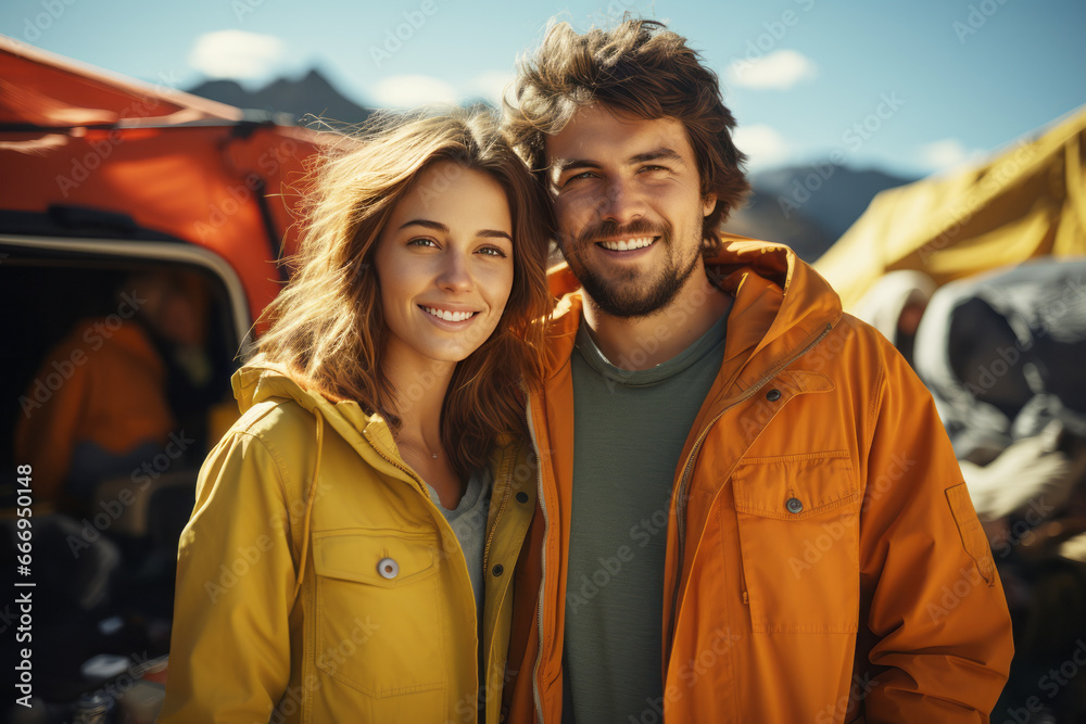 Portrait of happy couple in outwear near the tent camp against the backdrop of picturesque mountain landscape. Caucasian family is engaged in a mountain hiking. Tourism and active lifestyle.