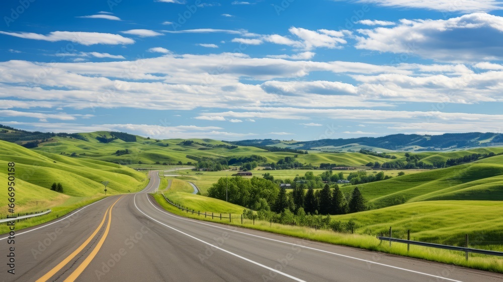 A scenic road with rolling hills and farmland