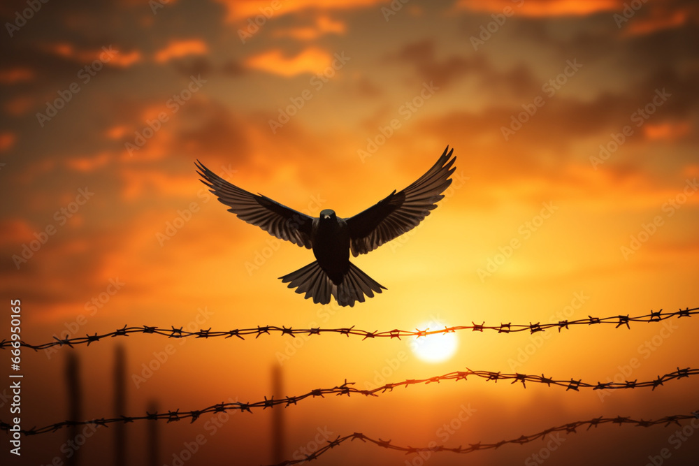 Freedom and human rights concept, silhouette of free bird flying in the ...