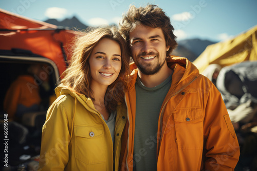 Portrait of happy couple in outwear near the tent camp against the backdrop of picturesque mountain landscape. Caucasian family is engaged in a mountain hiking. Tourism and active lifestyle. © Georgii