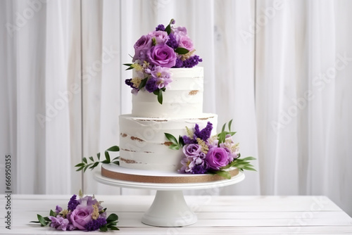 Elegant Three-Tiered White Wedding Cake with Flowers and Green Leaves on a White Wooden Background - Created with Generative AI Tools