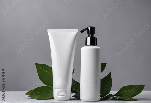White cosmetic tube and container mockup set with gray color background.