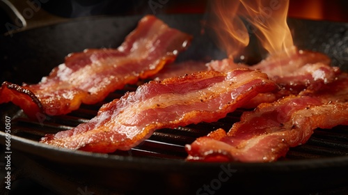 Sizzling bacon slices taking flight from the pan