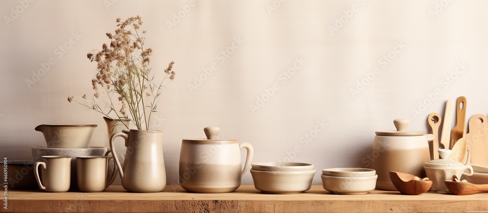 Sustainable stoneware and kitchenware displayed on wooden table - obrazy, fototapety, plakaty 