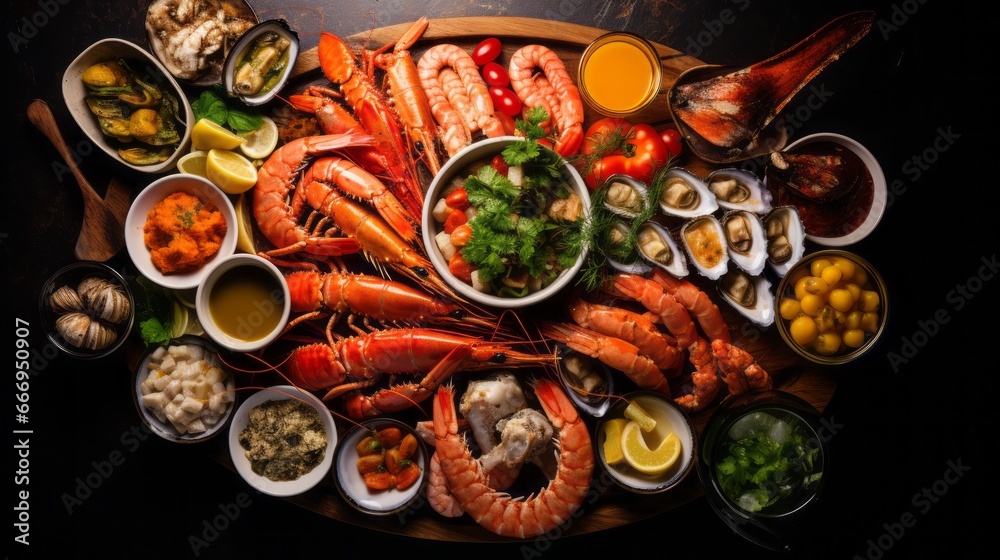 An overhead shot of a beautifully arranged seafood platter