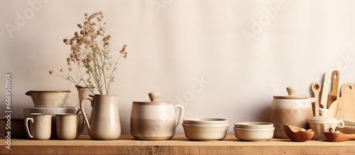 Sustainable stoneware and kitchenware displayed on wooden table photo