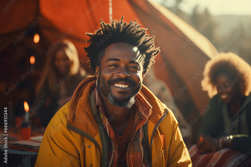 Portrait of happy multiethnic couple in the mountains against the backdrop of a tent camp. Young international family is engaged in a mountain hiking. Active lifestyle, tourism and vacation concept. Portrait of happy multiethnic couple in the mountains against the backdrop of a tent camp. Young international family is engaged in a mountain hiking. Active lifestyle, tourism and vacation concept.