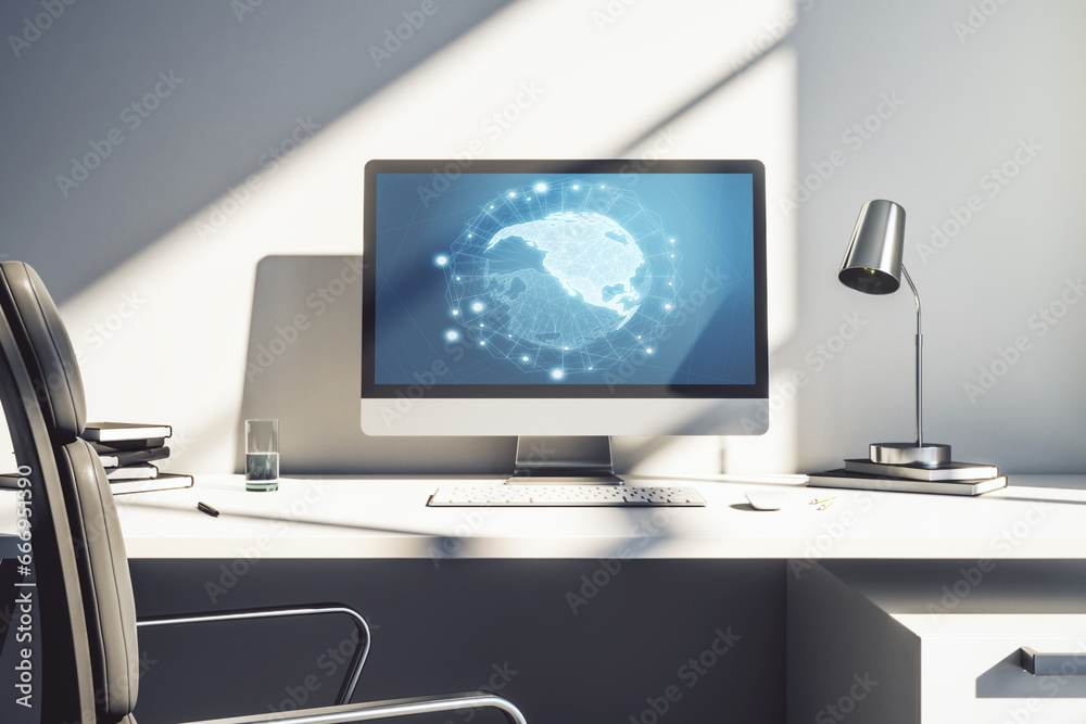 Computer monitor with digital America map, global technology concept. 3D Rendering Computer monitor with digital America map, global technology concept. 3D Rendering