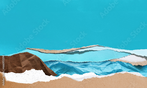 Hand made contemporary abstract seascape with torn deckled paper edges in blue water colors. Ocean coastline with bright blue colored copyspace. Natural paper textures.