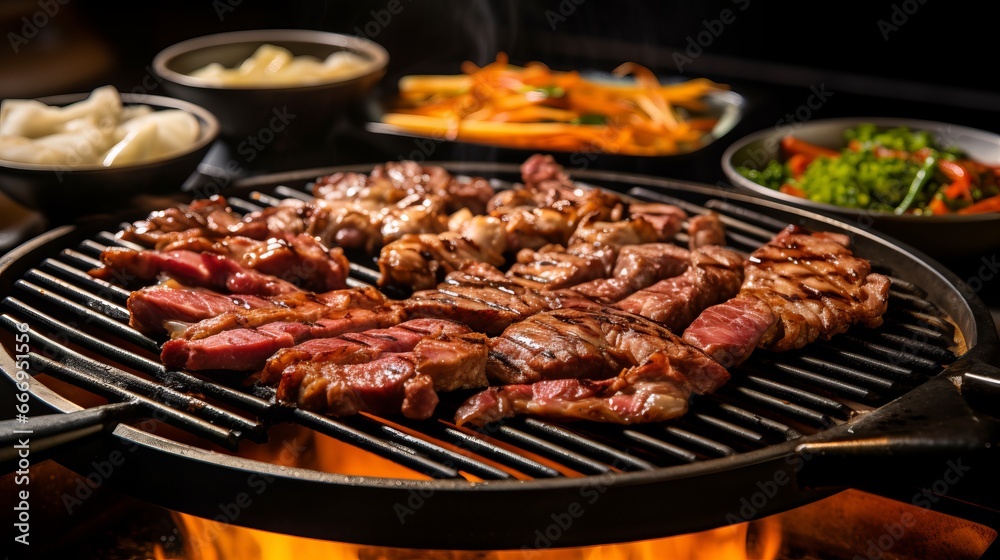 A traditional Korean barbecue grill with marinated meats sizzling