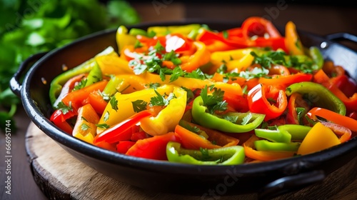 A toss of colorful bell peppers in a pan