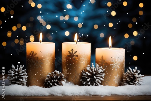 A Christmas-themed background image with candlelights illuminating a snowy scene, and blurred holiday lights, creating a festive holiday atmosphere. Photorealistic illustration