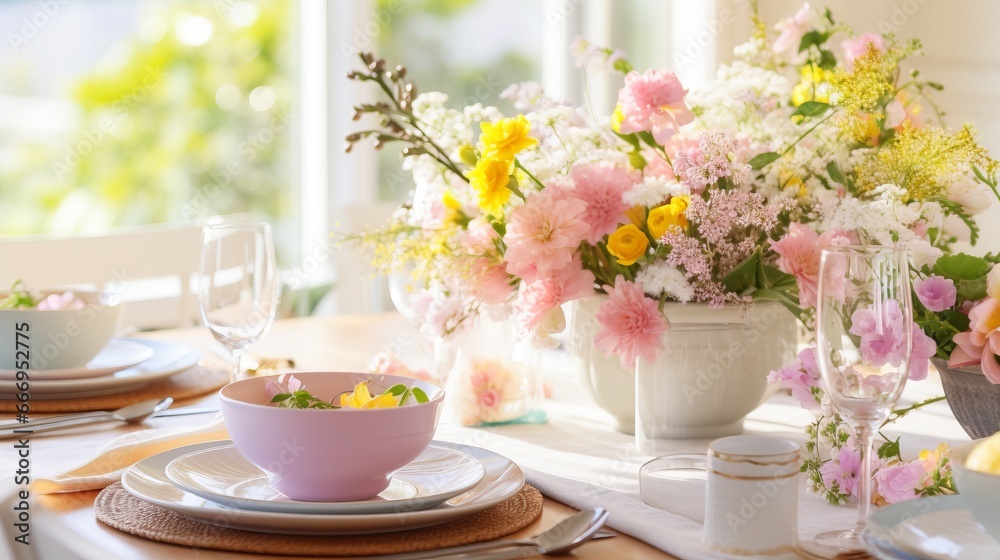 A springtime table setting with fresh flowers and pastels A springtime table setting with fresh flowers and pastels