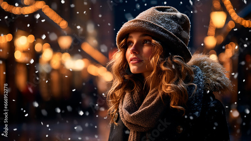 Chica joven navidad nieve - luces fondo navidad inspiracional photo
