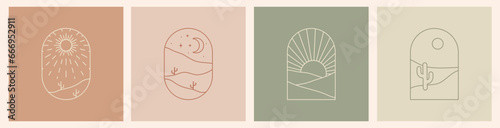 Boho logo landscape with desert. Cactus, sandy mountains, sun and moon. Abstract design templates. Vector bohemian set in trendy liner style
