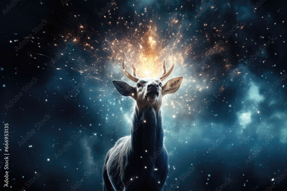 In this Christmas-themed background, a majestic reindeer stands beneath a shimmering display of magical lights, creating an enchanting scene for creative content. Photorealistic illustration