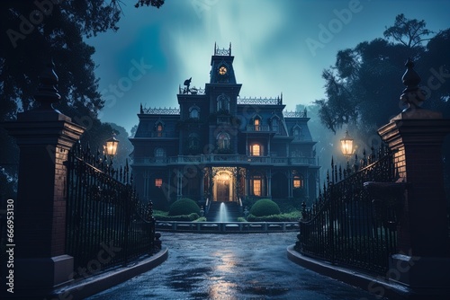 Full moon shines over a creepy haunted house. Great for stories of horror, Halloween, October, spooky, witchcraft and more.  photo