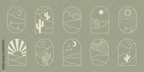 Boho logo landscape with desert. Cactus, sandy mountains, sun and moon. Abstract design templates. Vector bohemian big set in trendy liner style