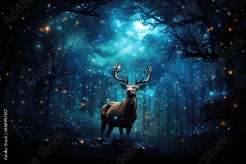 Imagine a scene for creative Christmas content with a reindeer standing amidst a magical forest, where enchanting lights create an otherworldly atmosphere. Photorealistic illustration