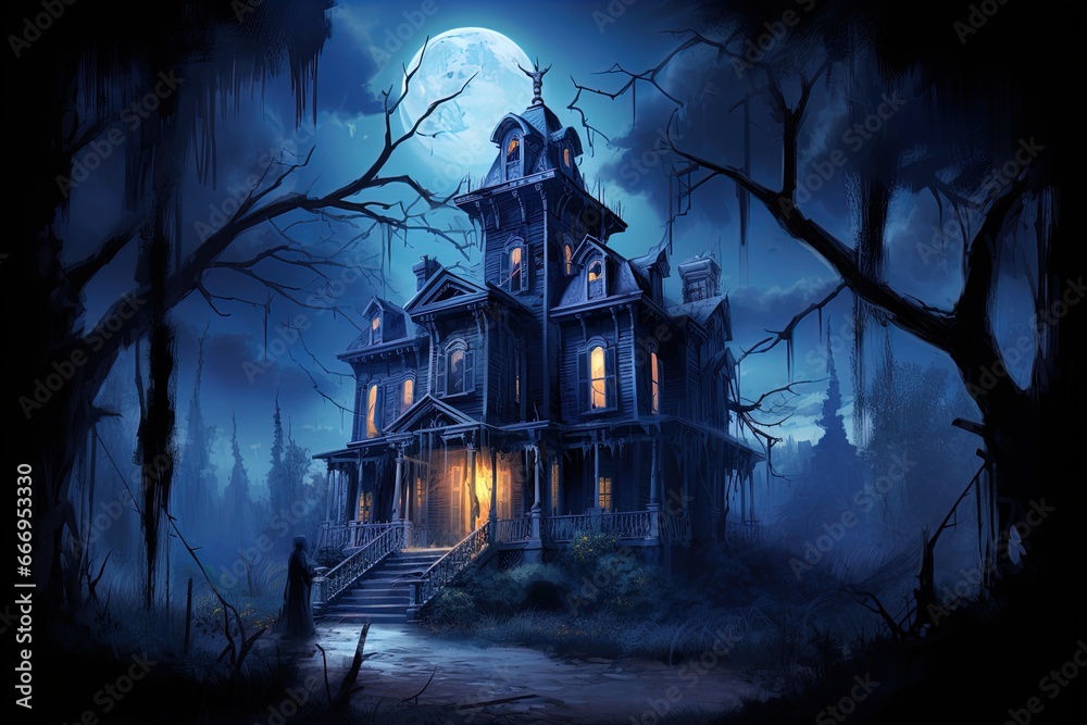 Full moon shines over a creepy haunted house. Great for stories of horror, Halloween, October, spooky, witchcraft and more. 