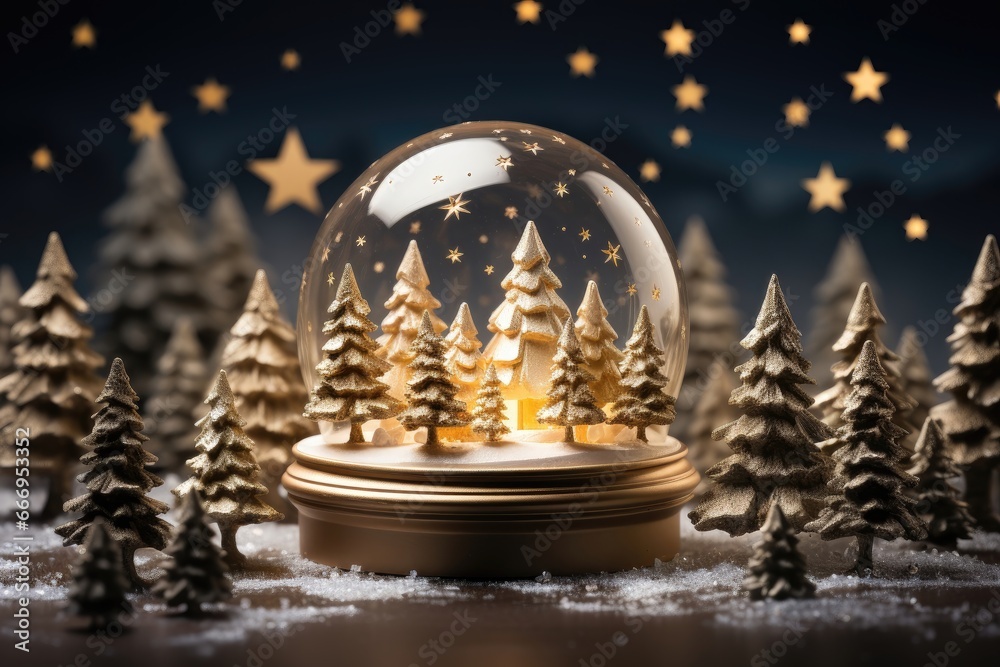 A background image for creative content with a Christmas theme, showcasing a snow globe containing a miniature snowy forest both inside and outside of the globe. Photorealistic illustration