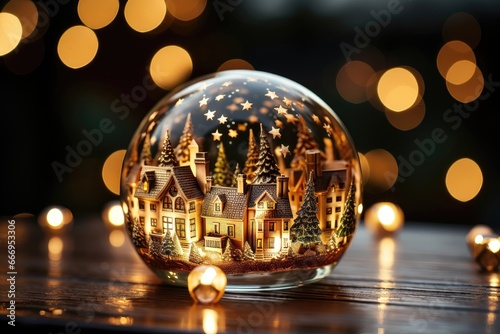 A background image for creative content that embodies the Christmas spirit  showcasing a snow globe with miniature houses beneath a starry sky within the globe. Photorealistic illustration