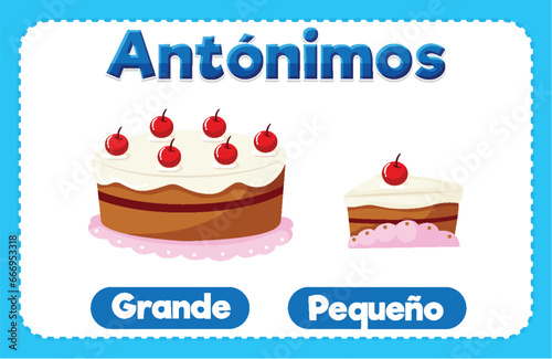 Antonym Word Card: Grande and Pequeño means big and small
