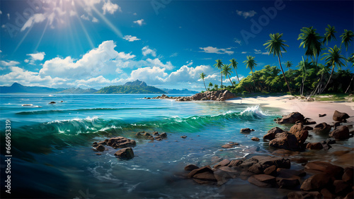Playa tropical oceano - Rocas y arena paisaje nubes - Mar playa vacaciones © Carmen