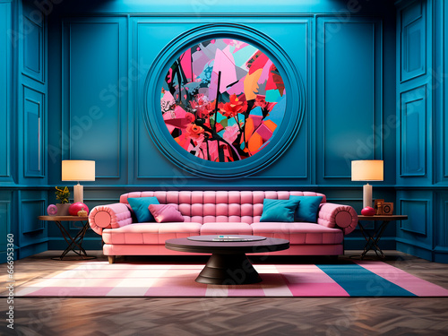 Salon decorado maximalista - Estilo pop colorido - Sofa rosa y decoracion 