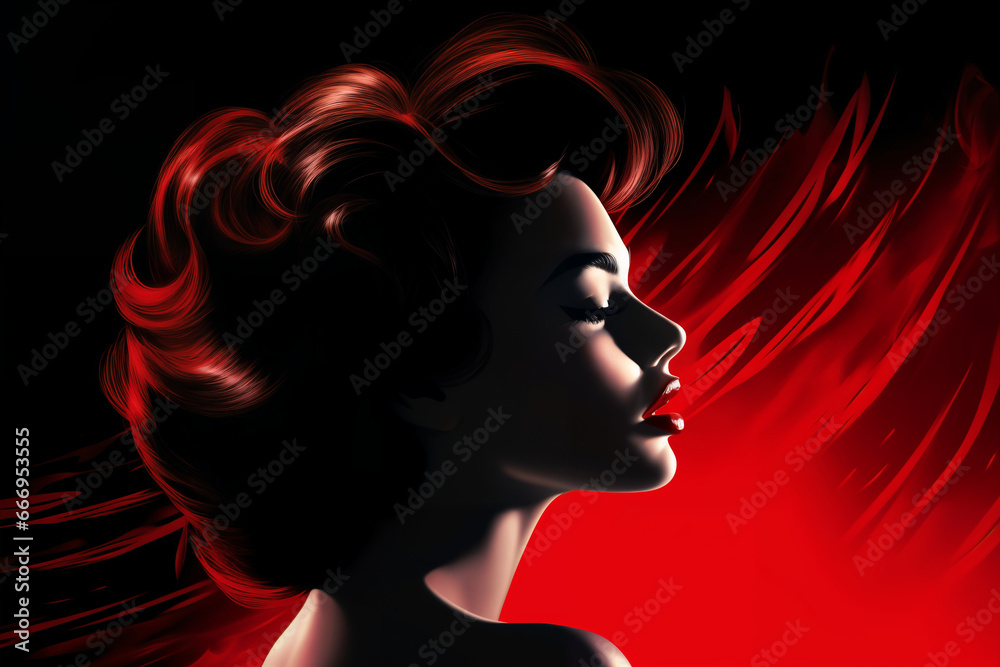 Portrait of a beautiful fashionable woman with a hairstyle. Night. Abstract red and black color background. Illustration poster in the style of 1960