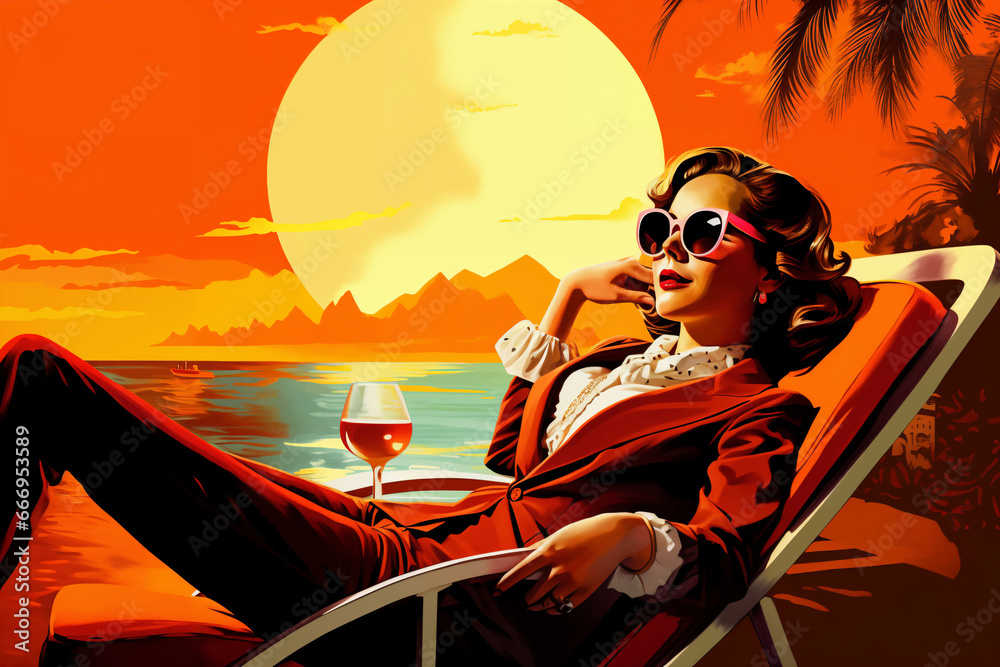 Portrait of a beautiful fashionable woman with a hairstyle and sunglasses, in an evening dress, sitting on a chaise longue and drinking a cocktail, on the beach, at sunset.