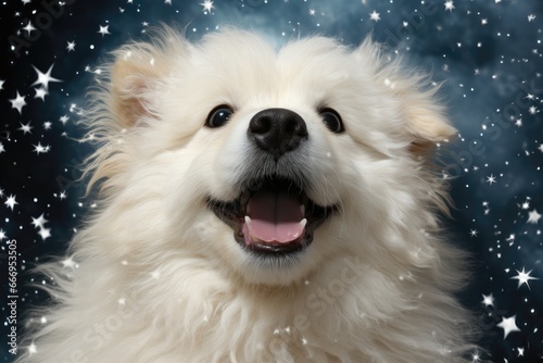 A delightful background image for creative Christmas content showcasing an excited puppy dog gazing at something magical in the starry night sky. Photorealistic illustration