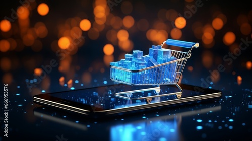 Futuristic online shopping, e-commerce concept with glowing smartphone, shopping cart, credit card