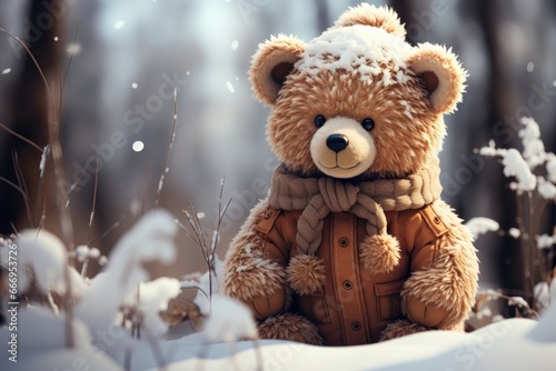 A background image, featuring a bundled-up teddy bear sitting in the snow, with a sense of anticipation for the enchanting magic of the holiday season. Photorealistic illustration © DIMENSIONS