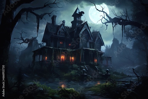 Full moon shines over a creepy haunted house. Great for stories of horror  Halloween  October  spooky  witchcraft and more. 