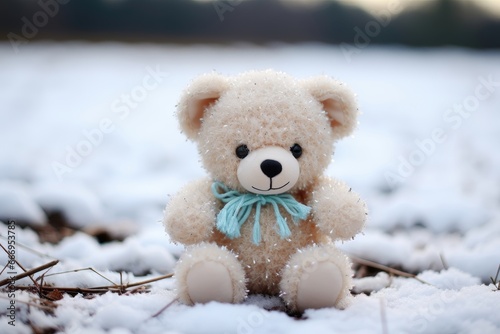 A background image for creative Christmas content, featuring a teddy bear seated in the snow, with a blurred forest, evoking a serene atmosphere. Photorealistic illustration