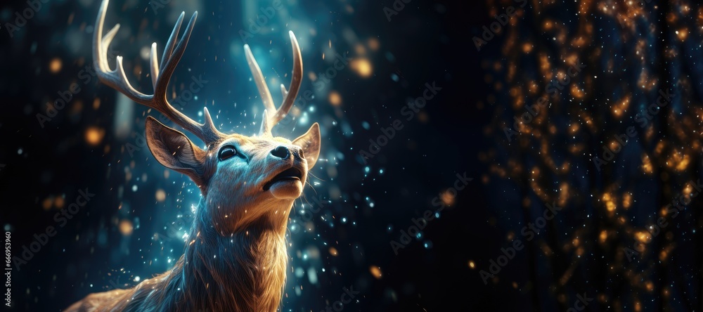 A wide-format background image for creative Christmas content, featuring a reindeer experiencing something magical falling upon it. Photorealistic illustration - obrazy, fototapety, plakaty 