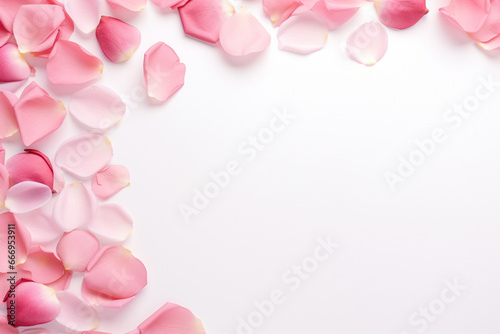Flowers composition, Rose flower petals on white background, Valentine's Day, Mother's Day concept, Flat lay, top view, copy space, aesthetic look