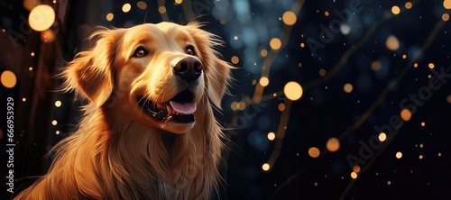 A wide-format background image for Christmas content, capturing the moment when a dog has witnessed something truly magical during the holiday season. Photorealistic illustration