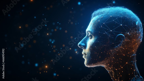 Futuristic artificial intelligence or face recognition concept with glowing low polygonal human head in profile