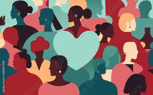 An abstract charity illustration concept features diverse individuals casting their shadows with hearts, symbolizing unity in giving and spreading love to those in need