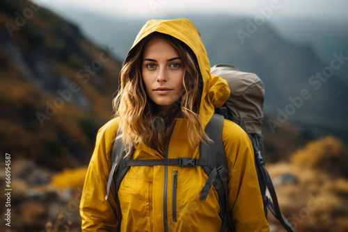 Portrait of a beautiful young woman in yellow jacket with a backpack against the backdrop of picturesque mountains. Female tourist is engaged in hiking. Active lifestyle, travel and trekking concept. © Georgii