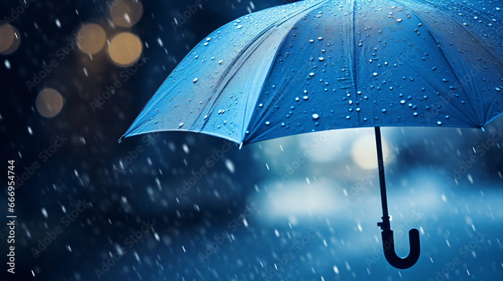 Close up of blue umbrella with heavy rain