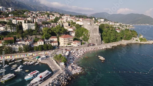 Montenegro, Herceg Novi, Forte Mare Fortress, beachfront aerial view