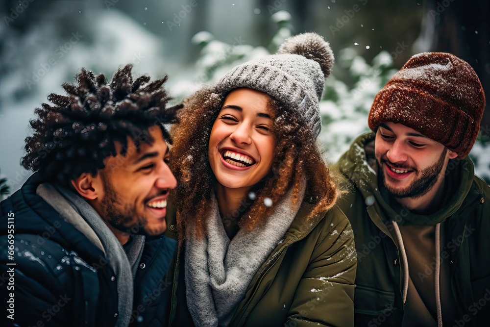Group of multiracial young people having fun in a park on a snowy day
