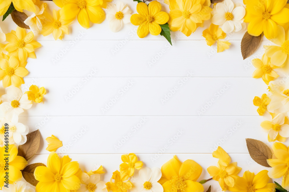 Flowers composition, Frame made of yellow flowers on wooden white background, Easter, spring, summer concept, Flat lay, top view, aesthetic look Flowers composition, Frame made of yellow flowers on wooden white background, Easter, spring, summer concept, Flat lay, top view, aesthetic look