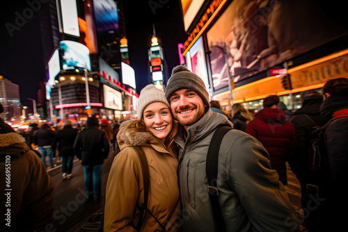 Tourist couple taking a selfie in Times Square © Marta